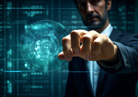 Screen interface technology tech hand concept innovation control information icon cyberspace digital business virtualの素材