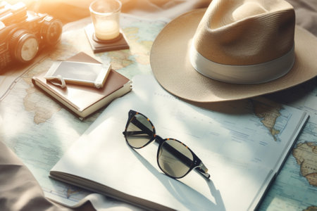 Hat trip journey lay traveler vacation map holiday vintage concept summerの素材