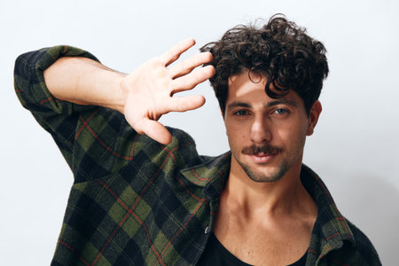 Man face portrait smile handsome hipster fashionの写真素材