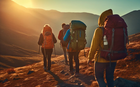 man mountain lifestyle hiking walking tourist travel leisure trekking nature group. Generative AI.の素材