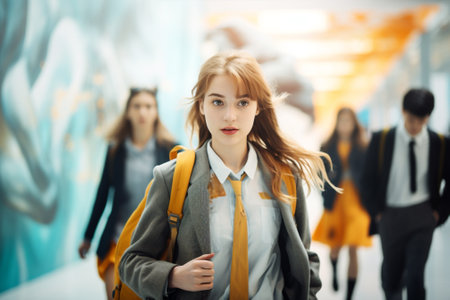 Smiling friends school walk teenagers group summer casual happy friendship outdoors talking education college youngの素材