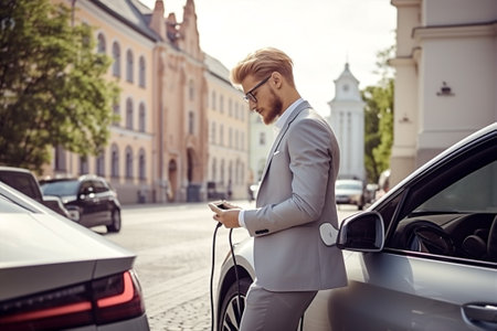 Man business businessman caucasian person car stylish transportation elegant eco urban vehicle electric auto battery car driveの素材