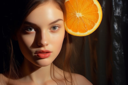 Woman makeup fresh face orange natural juice beauty glamour care wellness portrait healthy grapefruitの素材