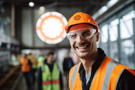 Hard man yellow person engineer production working guy construction builder portrait helmet industrial occupation safety smile hatの素材