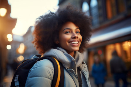 Woman face african city happy hairstyle smile portrait curly lifestyle adult closeup beauty youngの素材