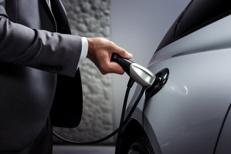 Auto man handsome businessman transportation suit eco urban driver car electric vehicle business car maleの素材
