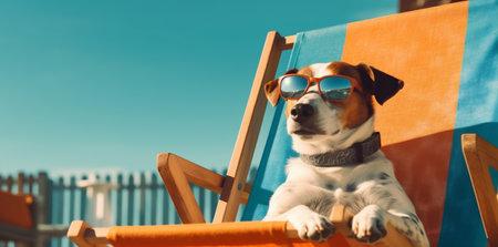 dog vacation sunglasses lazy relax funny summer beach chair pet. Generative AI.の素材
