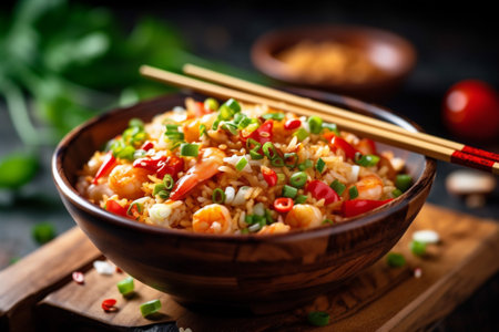 asian fried food meal dinner rice healthy eat chinese rice vegetable. Generative AI.の素材
