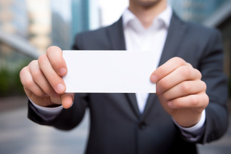 Hand man business paper blank card professional adult white men businessman person holdの素材