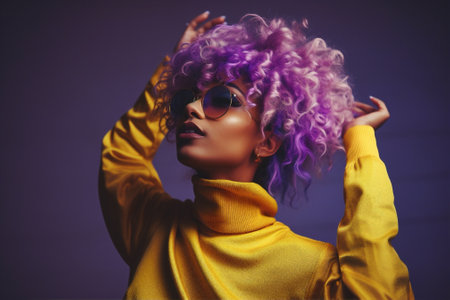 Woman beauty looking studio yellow hair violet glamour fashionable curly lifestyle portrait person afro adult modernの素材
