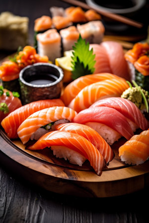 japanese japan set sushi fish food roll seafood meal rice. Generative AI.の素材