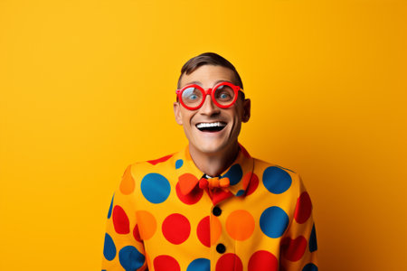 Crazy man concept style trendy smiling cool polka nerd guy dots looking adult hipster casual fashion glasses backgroundの素材
