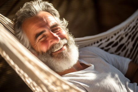 Freedom man enjoyment happiness travel vacation sunny hammock summer outdoors lifestyle paradise caucasian lying smilingの素材