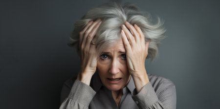 Woman stress aged sad pain senior old pensioner home head elderly retired caucasian matureの素材