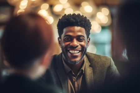 woman american man group friendship happy leisure together talking friend cafe african. Generative AI.の素材