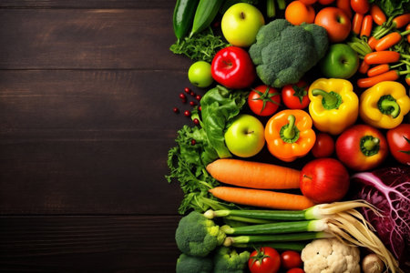 overhead food dark ingredient background table fresh vegetable vegetarian healthy cooking. Generative AI.の素材