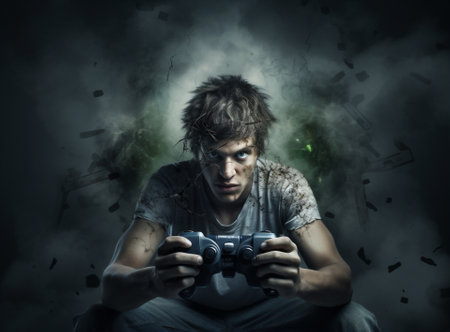 Playing man leisure gamer technology joystick expression online background horror scream angry stress portraitの素材