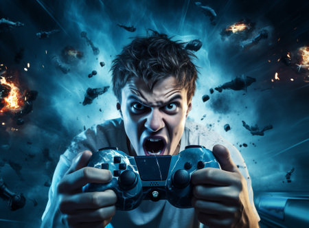 Gamer man stress scream joystick portrait angry tv playing online entertainment technology horrorの素材