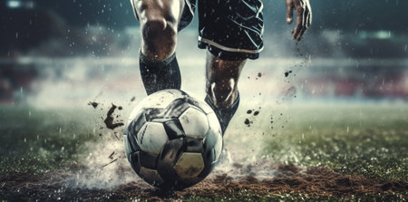 Sport football playing ball competitive field grass player goal game soccer defenseの素材