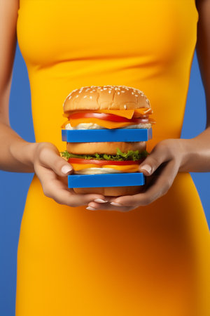 Art woman yellow concept hamburger fast blue burger meal hand healthyの素材
