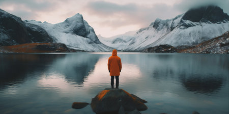 hiking man cloud mountain cape yellow nature lake water back travel. Generative AI.の素材