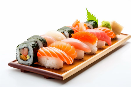 white japanese rice background roll food healthy sushi set seafood fish. Generative AI.の素材
