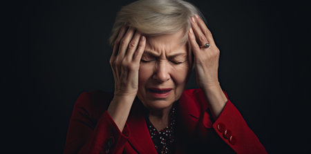 Woman headache unhappy aged stress caucasian senior problem sad pain elderly old mature headの素材