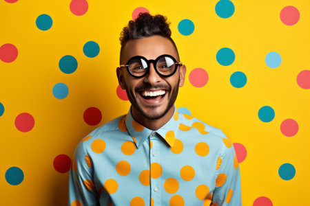 Retro man dots fashion trendy hipster hair looking crazy face style lifestyle polka businessman background joy concept smilingの素材