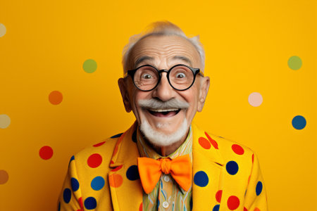 Man hipster smiling looking crazy humor background concept dots fashion trendy polka nerd confidence styleの素材