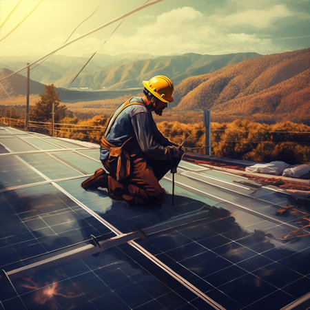 man installing panel technology electricity energy engineer solar construction technician mounting. Generative AI.の素材