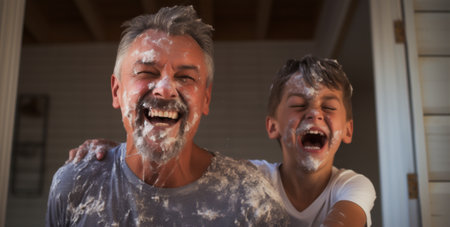 Fatherhood bathing together bathroom father smiling children family two childhood water morning creamの素材