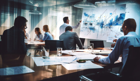 Communication office business colleague group presentation work table teamwork brainstorming meeting person startup information technologyの素材