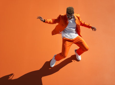 Man excited black jump trampoline handsome style guy stylish fashion orange trendy action jumper adultの素材
