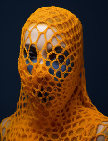 Woman black yellow art protection mask knitted fashion beauty veil eye portrait looking model person stylishの素材