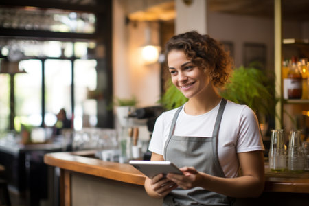 Lifestyle woman professional owner restaurant delivery service business entrepreneur smiling cafe waiter pretty caucasian jobの素材