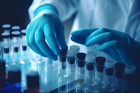tube laboratory experiment biotechnology test medicine research medical hand science. Generative AI.の素材