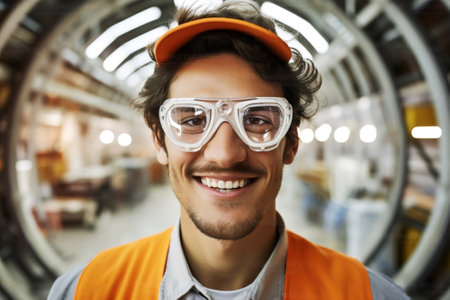 Smile man working profession industrial occupation person helmet safety engineer portrait technology builder yellowの素材