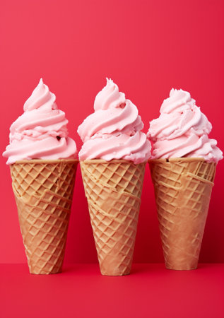 Treat sweet summer cream ice dairy pink white cone background minimal delicious dessert foodの素材