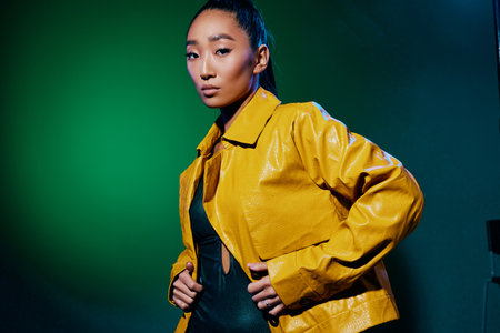 Yellow woman high disco multicolor fashion neon trendy light green face colorful beautyの写真素材