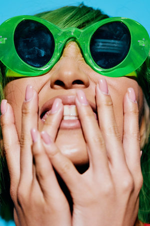 Woman wig trendy smile swimsuit casual asian portrait fashion makeup summer beauty sunglasses