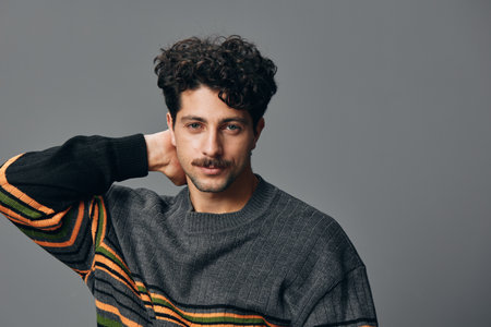 Portrait man sweater handsome hipster emotion face style smile copyspace fashion trendy