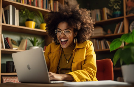 happy woman business smile computer achievement work happiness laptop winner student. Generative AI.の素材