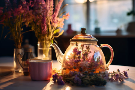 Healthy tea teapot water drink herbal hot green flowers brown backgroundの素材