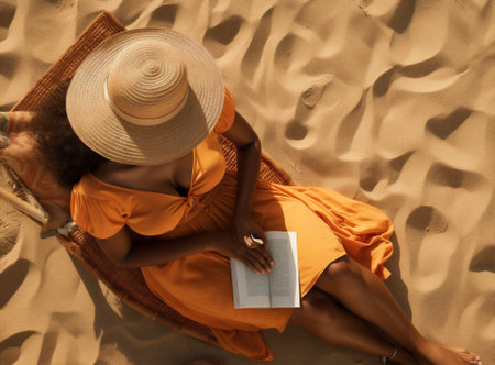 Beach spa ocean book sand women sun tan beauty summer swimsuit tropical travelの素材