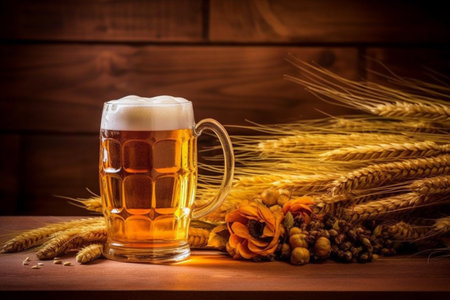 foam pint glass lager beverage beer pub gold drink alcohol. Generative AI.の素材