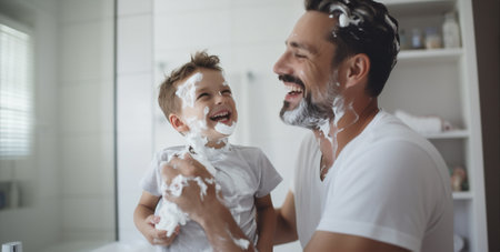 Face children father family hygiene together smiling bathroom childhood cream water morningの素材