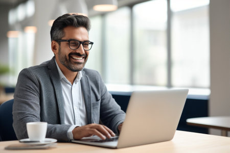 Student man indian distance computer table business indoors technology laptop lifestyle online smile freelancerの素材