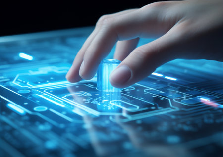 Touch security innovation abstract virtual digital concept tech business screen media interface hand technologyの素材