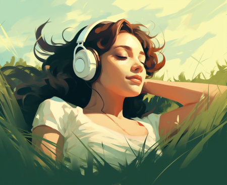 Green woman lifestyle model summer portrait grass listen music pretty earphones beauty meditationの素材