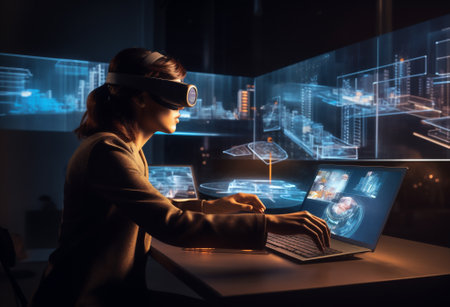 Vr woman concept reality headset modern laptop attractive device entertainment business glasses digital indoors virtual technologyの素材